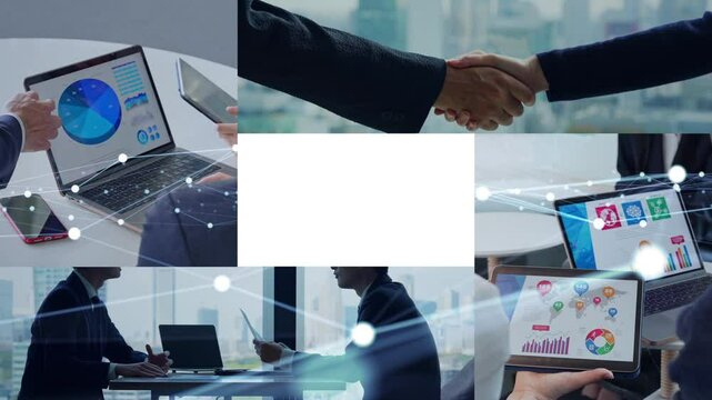 Collage footage of various business scenes and communication network concept
