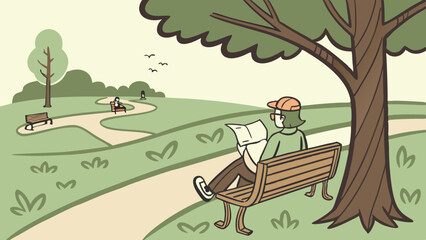 A person sitting on a bench reading a map under a tree in a park with other benches and people in the distance
