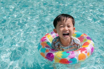 A young child laughs joyfully while floating in a pool on a colorful inflatable ring, enjoying a sunny summer day in the water.