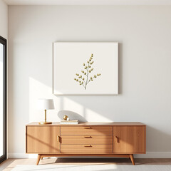 frame mockup blank canvas in dining room stylish interior design with textured pastel plaster wall mid century modern aesthetic versatile wall art display above buffet 3d render high quality mockup