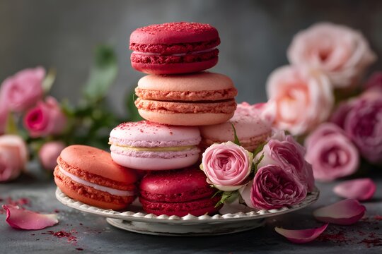 Delicious Macarons with Beautiful Pink Roses. - Powered by Adobe