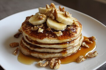 Delicious Pancakes with Banana and Walnuts.