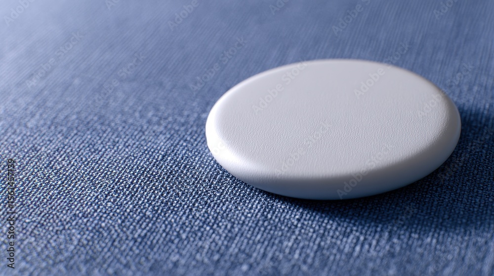 Poster close-up of a smooth white circular object resting on textured blue fabric background, emphasizing s