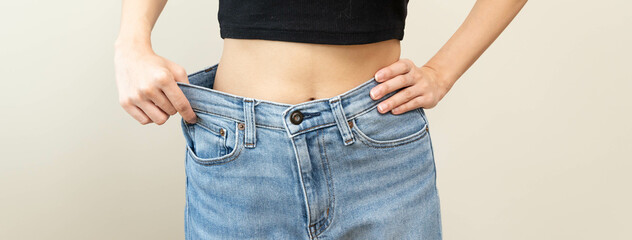 Shape slender, thin waist, slim fit asian young woman, showing body shape her weight loss, happy...