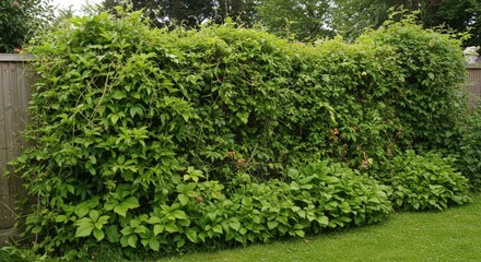 Obraz premium Dense green hedge border along wooden fence creating natural privacy screen. Lush foliage wall providing garden boundary and landscape design. Hedge plants, landscaping services, privacy solutions