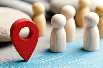 Red map pin amidst small wooden figures on a textured surface
