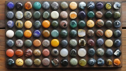 Colorful polished gemstones arranged on a dark wooden tray