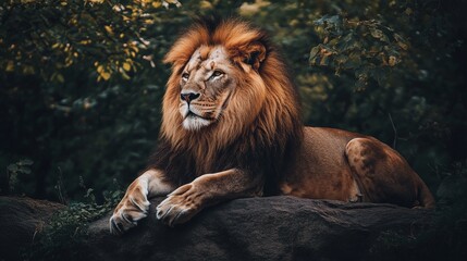 Obraz premium A majestic male lion with a thick mane lies on a rock, looking into the distance, surrounded by green foliage.