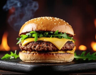 Single patty sandwich with melted cheese and arugula - dark background studio photo