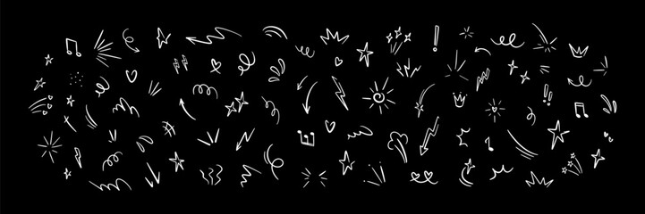 Cute line doodle scribble on the black chalkboard. Childish crayon drawing. Star, heart, sun, arrow shape vector illustration. Glitter, twinkle, spark kid handwritten sketch elements and icons
