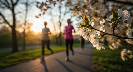 Fototapeta premium Cherry blossoms joggers running park sunset golden light exercise. Spring fitness outdoor activity healthy lifestyle recreation. Wellness concept