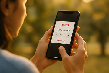 Young woman holding receiving digital error message for incorrect OTP entry, symbolizing secure login failure and mobile verification issues, OTP error, mobile verification, login failure, incorrect 
