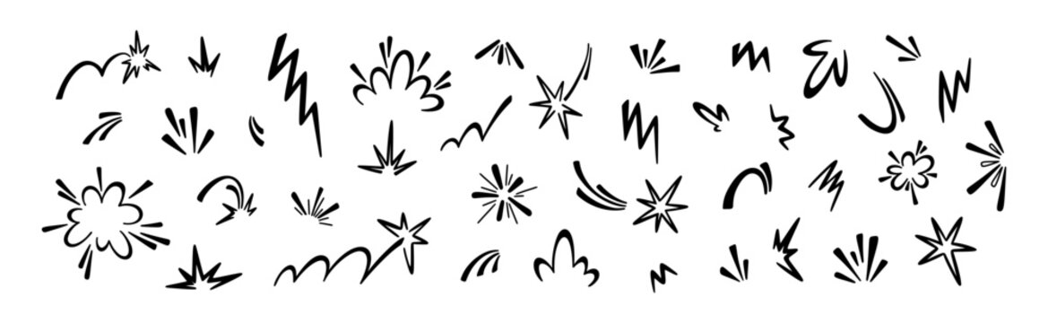 Set of boom, splash, impact, explosion, burst, bomb manga comic effects. Hand drawn doodle icons. Handwriting basketball, tennis, baseball ball bounce. Speed, movement, motion design elements