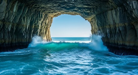 Turquoise waves crash through a rugged ocean cave, sunlight dancing on the rocky walls.