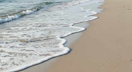 Ocean waves foam sandy beach shore peaceful seascape. Gentle water movement natural texture coastal environment. Summer vacation relaxation wellness meditation therapy concept