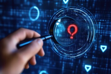 A hand holds a magnifying glass over a digital interface displaying a red lightbulb with a question mark, surrounded by abstract circuitry and circles