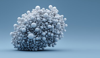 Abstract interconnected cancer cell clusters with diverse sizes and types against a simple blue background, for medical or scientific visualization