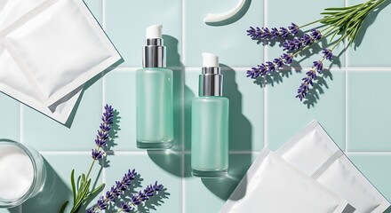 Serene spa setup featuring lavender-infused skincare products on a pastel tile background with soft cloths and natural light.