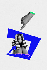Trend artwork banner 3D photo collage of get fired hand gesture finger point young lady suffer...