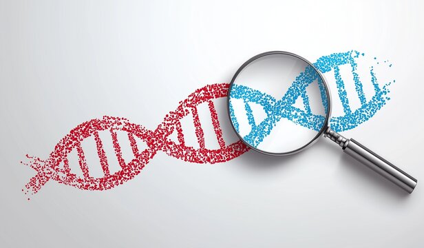 Vector illustration of a red and blue DNA double helix under a magnifying glass on a white background
