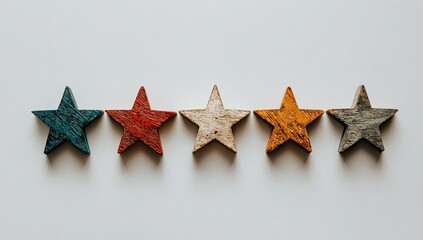 Five painted wooden stars in a row, various colors