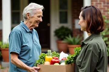 Elderly person receives fresh grocery delivery from empathetic volunteer captured in aerial shot.