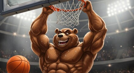 Muscular cartoon bear powerfully dunking a basketball in a packed arena setting