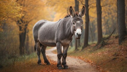 Donkey Walks Quietly Through Fall Leaves