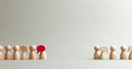 Wooden figures, one with a red speech bubble, in a row