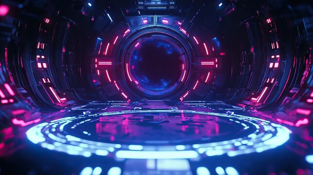 Neon Sci-Fi Portal with Futuristic Digital Tunnel Interface
