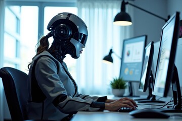 Futuristic Cyborg Accountant Maneuvering E-Invoice Software in Sleek Office Environment