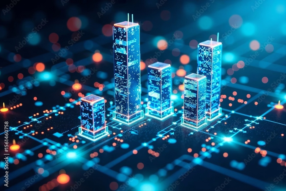 Poster immersive holographic presentation: future cityscape with data streams emphasizing technological int