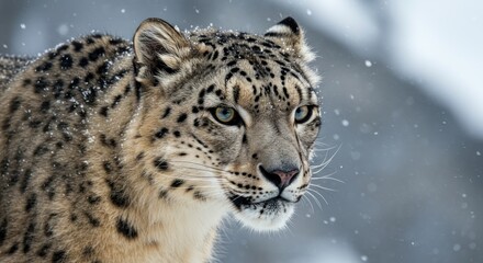 Obraz premium A stunning snow leopard portrait amidst a snowy environment with a contemplative gaze offering a