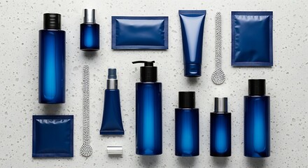 An assortment of cobalt blue personal care products and grooming tools meticulously arranged on a speckled gray surface, evoking a sense of modern bathroom essentials.