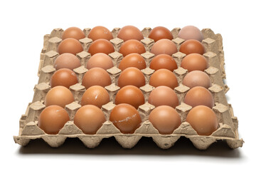 A crate of fresh chicken eggs. isolated in white background. 