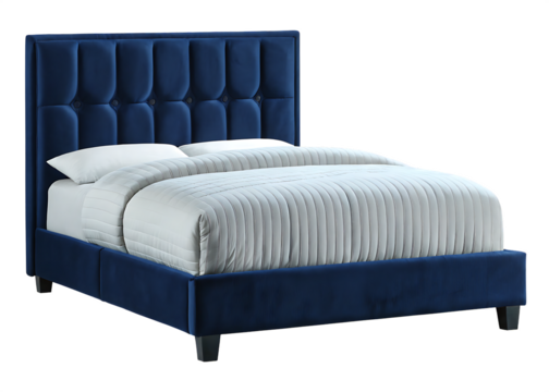 Upholstered blue velvet bed isolated on a transparent background