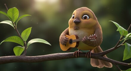 Animated bird serenades nature with its tiny guitar on a sunlit branch outdoors
