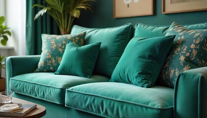 Teal Green Velvet Cushion Adds Elegance and Comfort to Living Room Sofa