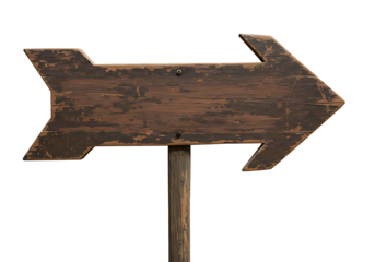 Rustic wooden arrow sign points right with a weathered texture against a transparent background, ideal for directing attention and adding a vintage touch.