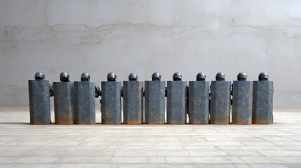 Riot police officers standing shoulder to shoulder, holding shields and wearing helmets, forming a defensive line against protesters during a u.S. Demonstration