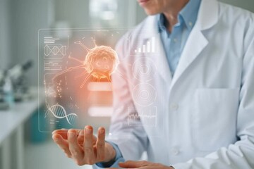 Cancer doctor hologram technology analyzing cancer cell and DNA structure with advanced medical laboratory research and scientific data analysis for innovative treatment development - Powered by Adobe
