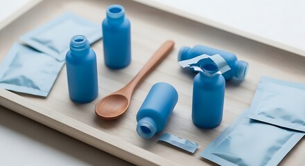 A carefully arranged assortment of cobalt blue plastic bottles and medical supplies on a sterile wooden tray, evoking a sense of clinical precision and organization.