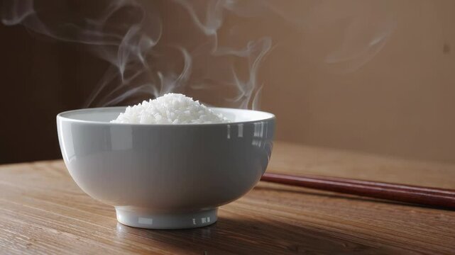 Freshly steamed rice served in a bowl with a pair of chopsticks resting nearby on a wooden table
