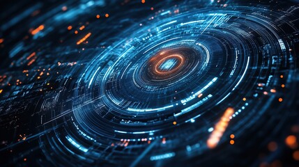 High-Tech Digital Interface with Rotating Neon Data Hub
