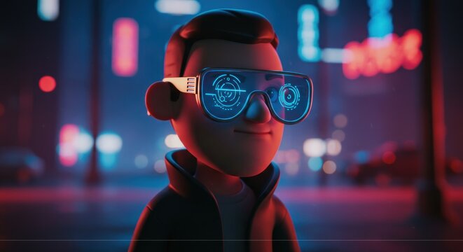 Futuristic cityscape explorer a 3D rendered character with augmented reality glasses