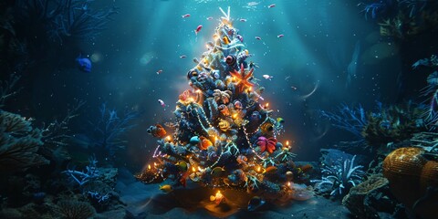 Fototapeta premium An underwater christmas tree decorated with lights and ornaments stands among coral reefs