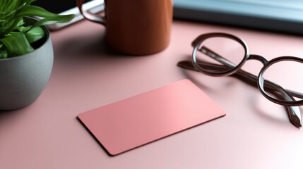 A serene workspace featuring a minimalistic pink desk, a coffee mug, glasses, and a plant
