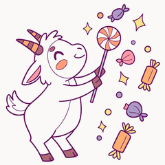 Fototapeta premium Joyful Pygmy Goat with with a magic wand, set in a charming Birthday theme – Candy Shop color vector art