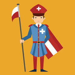 Swiss guard in ceremonial uniform holding national flag