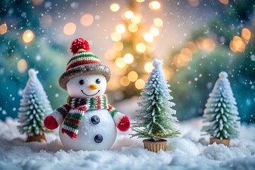 Fototapeta premium Joyful Snowman in Winter Wonderland: Festive Christmas Scene with Snowy Trees and Sparkling Lights